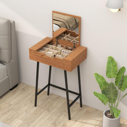 Vanity Desk with Flip-Up Mirror, Industrial Dressing Table with 16 Small Compartments for Bedroom, Natural Wood Effect