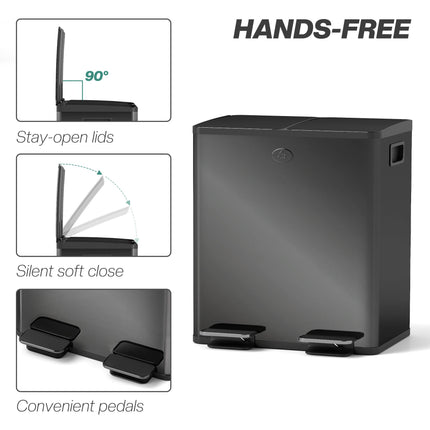 40L Dual Compartment Stainless Steel Bin, with Deodoriser Holders - Glossy Black