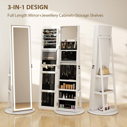 Storage Jewellery Cabinet, with Mirror and Lights - White