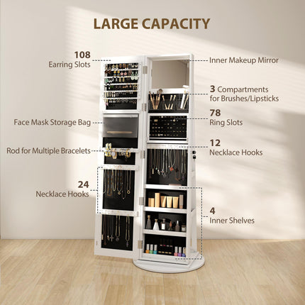 Storage Jewellery Cabinet, with Mirror and Lights - White