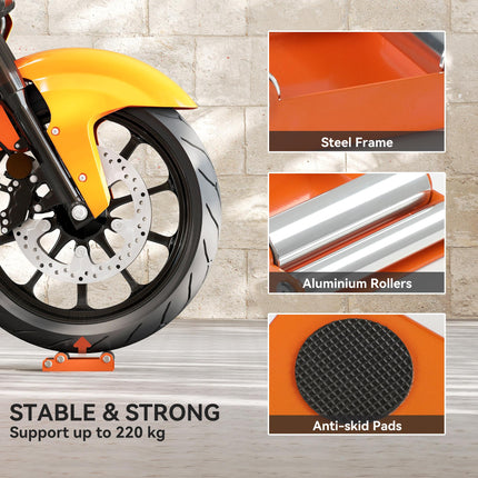 Motorcycle Wheel Cleaning Roller Stand with Steel Frame, Aluminium Rollers, Motorcycle Maintenance Stand for Tyre Cleaning and Chain Lubrication, Fit Tyre Width < 180mm, Bikes < 485lb, Orange