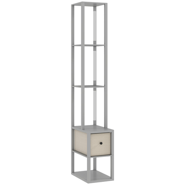 Floor Lamp with Shelves, LED Column Modern Standing Lamp with Fabric Drawer, Adjustable Brightness, Foot Switch for Living Room, Bedroom, Office, Grey