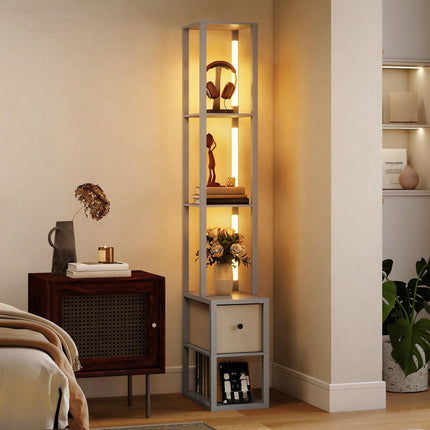 Floor Lamp with Shelves, LED Column Modern Standing Lamp with Fabric Drawer, Adjustable Brightness, Foot Switch for Living Room, Bedroom, Office, Grey