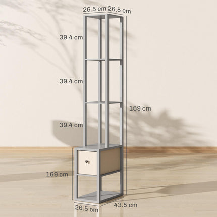 Floor Lamp with Shelves, LED Column Modern Standing Lamp with Fabric Drawer, Adjustable Brightness, Foot Switch for Living Room, Bedroom, Office, Grey