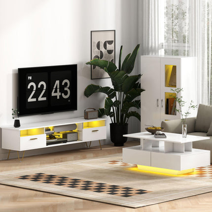 High Gloss Sideboard, Display Cabinet with 16-Colour RGB LED Lights and Remote Control, Modern Storage Cupboard with Glass Doors and Shelves for Living Room, Dining Room, Kitchen, White