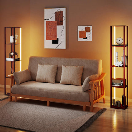 RGB LED Floor Lamp with Shelves, Modern Dimmable Standing Lamp with Remote Control, Adjustable Brightness & Speed for Living Room, Bedroom, Office, Brown