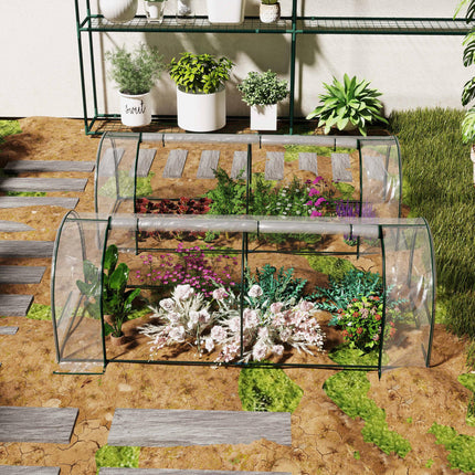 Set of 2 Portable Tunnel Greenhouses with Steel Frame and Roll-Up Door - Clear
