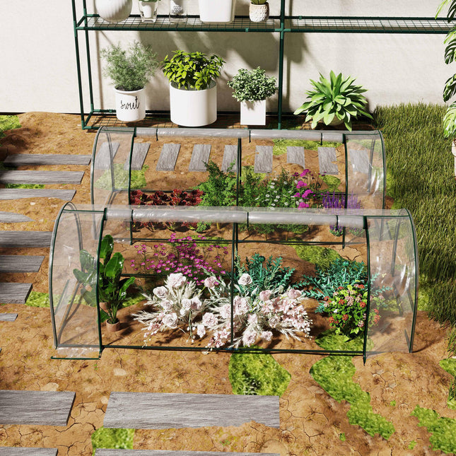 Set of 2 Portable Tunnel Greenhouses with Steel Frame and Roll-Up Door - Clear