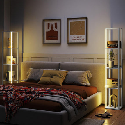 RGB LED Floor Lamp with Shelves, Modern Dimmable Standing Lamp with Remote Contr