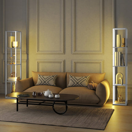 RGB LED Floor Lamp with Shelves, Modern Dimmable Standing Lamp with Remote Control, Adjustable Brightness & Speed for Living Room, Bedroom, Office, White