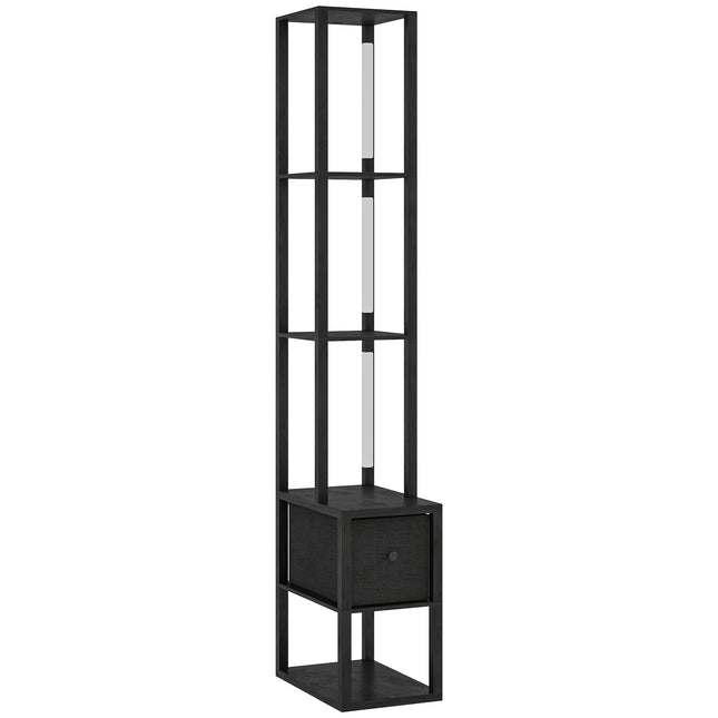 Floor Lamp with Shelves, LED Column Modern Standing Lamp with Fabric Drawer, Adjustable Brightness, Foot Switch for Living Room, Bedroom, Office, Black