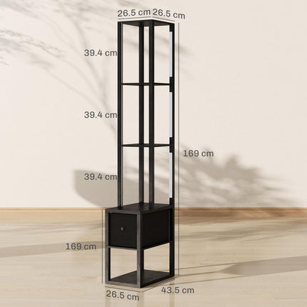 Floor Lamp with Shelves, LED Column Modern Standing Lamp with Fabric Drawer, Adjustable Brightness, Foot Switch for Living Room, Bedroom, Office, Black