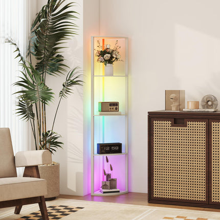 RGB LED Floor Lamp with Shelves, 4-Tier Dimmable Standing Lamp with Remote Control, Oak