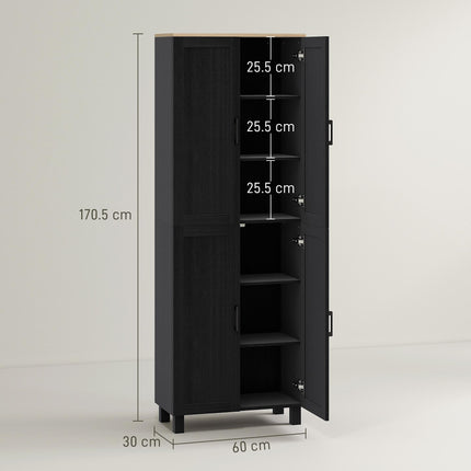 Freestanding Kitchen Cupboard, 4-Door Storage Cabinet with Adjustable Shelves, Modern Kitchen Pantry, 170cm, Black