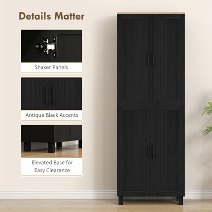 Freestanding Kitchen Cupboard, 4-Door Storage Cabinet with Adjustable Shelves, Modern Kitchen Pantry, 170cm, Black
