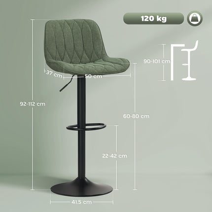 Breakfast Bar Stools Set of 2 Linen upholstery 60-80cm Adjustable Height - Green