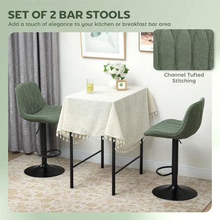 Breakfast Bar Stools Set of 2 Linen upholstery 60-80cm Adjustable Height - Green