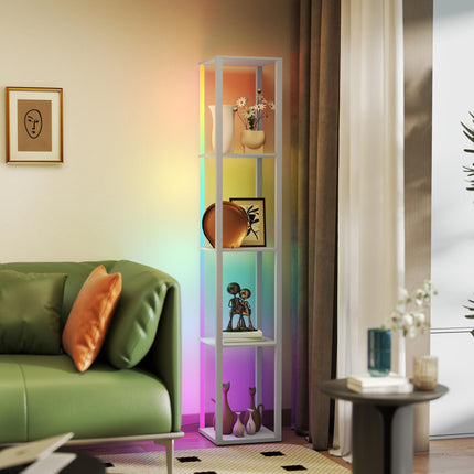 RGB LED Floor Lamp with Shelves, Modern Dimmable Standing Lamp with Remote Control, Adjustable Brightness & Speed for Living Room, Bedroom, Office, Grey
