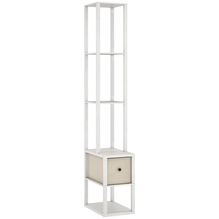 Floor Lamp with Shelves, LED Column Modern Standing Lamp with Fabric Drawer, Adjustable Brightness, Foot Switch for Living Room, Bedroom, Office, White