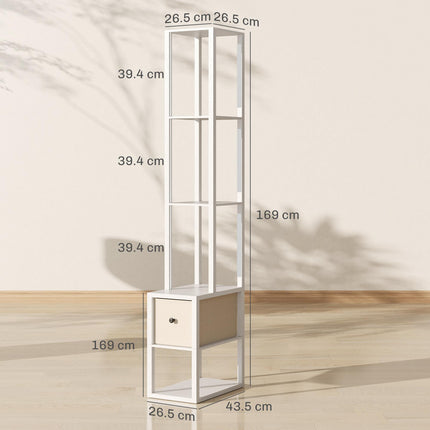 Floor Lamp with Shelves, LED Column Modern Standing Lamp with Fabric Drawer, Adjustable Brightness, Foot Switch for Living Room, Bedroom, Office, White