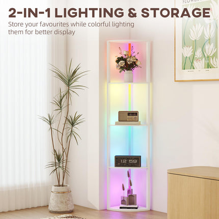 RGB LED Floor Lamp with Shelves, 5-Tier Dimmable Standing Lamp with Adjustable Brightness and Remote Control, Modern Corner Display Shelf Unit for Living Room Bedroom Office, White