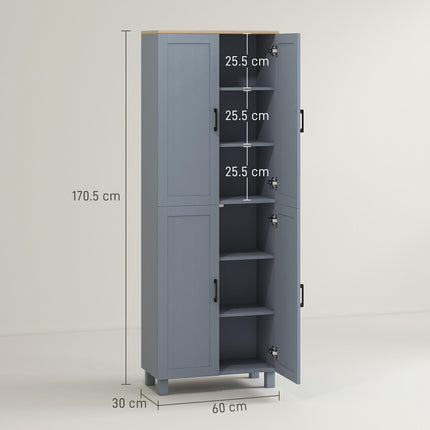 HOMCOM Freestanding Kitchen Cupboard, 4-Door Storage Cabinet with Adjustable Shelves, Modern Kitchen Pantry, 170cm, Grey