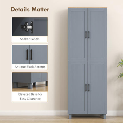 HOMCOM Freestanding Kitchen Cupboard, 4-Door Storage Cabinet with Adjustable Shelves, Modern Kitchen Pantry, 170cm, Grey