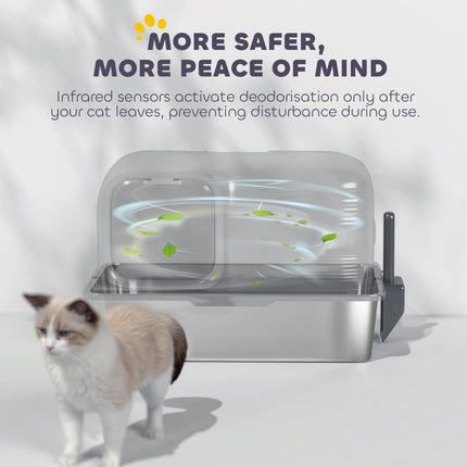 65L Extra Large Stainless Steel Litter Tray with Plasma Deodoriser System, High