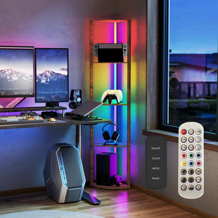 RGB Standing Lamp with Shelves, 4-Tier LED Floor Lamp with Multiple Lighting Modes, Rustic Brown