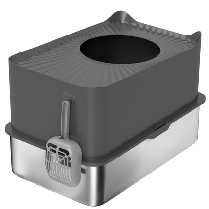 Stainless Steel Cat Litter Tray, Extra Large Enclosed Litter Box with Scoop, Top Entrance, Non-slip Pads, Dark Grey