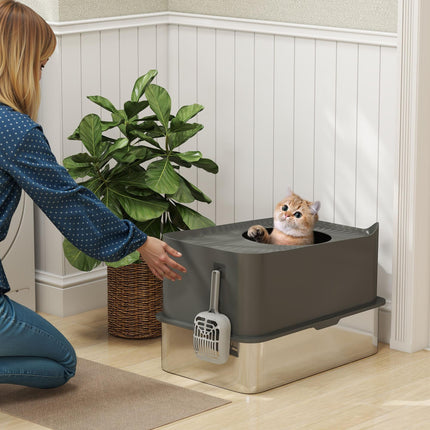 Stainless Steel Cat Litter Tray, Extra Large Enclosed Litter Box with Scoop, Top Entrance, Non-slip Pads, Dark Grey