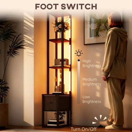 Floor Lamp with Shelves, LED Column Modern Standing Lamp with Fabric Drawer,