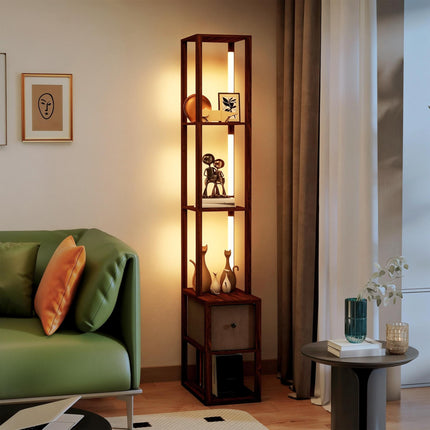Floor Lamp with Shelves, LED Column Modern Standing Lamp with Fabric Drawer,