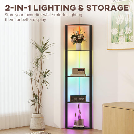 RGB LED Floor Lamp with Shelves, 4-Tier Dimmable Standing Lamp with Remote Control, Black