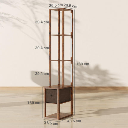 Floor Lamp with Shelves, LED Column Modern Standing Lamp with Fabric Drawer, Adjustable Brightness, Foot Switch for Living Room, Bedroom, Office, Rustic Brown