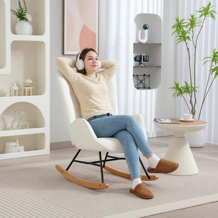 Rocking Chair, Modern Upholstered Velvet Armchair with Solid Wood Legs and Metal Frame for Living Room, Bedroom, Cream