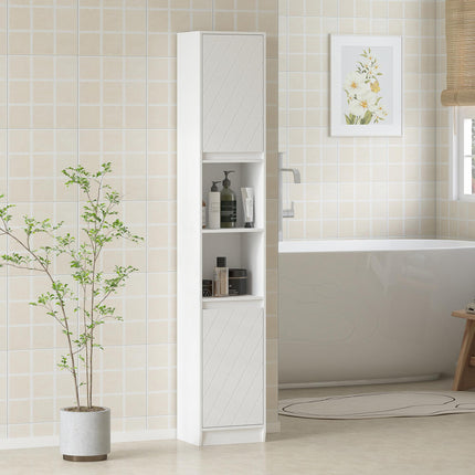 Narrow Bathroom Cabinet, Slim Bathroom Storage Unit with Open Compartment, Freestanding Storage Cupboard with Adjustable Shelves for Small Spaces, 30 x 24 x 170 cm, White