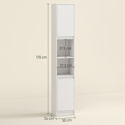 Narrow Bathroom Cabinet, Slim Bathroom Storage Unit with Open Compartment, Freestanding Storage Cupboard with Adjustable Shelves for Small Spaces, 30 x 24 x 170 cm, White