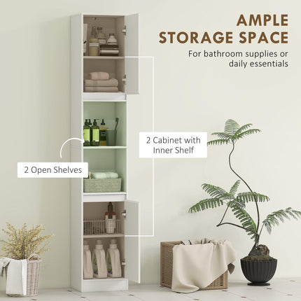 Narrow Bathroom Cabinet, Slim Bathroom Storage Unit with Open Compartment, Freestanding Storage Cupboard with Adjustable Shelves for Small Spaces, 30 x 24 x 170 cm, White