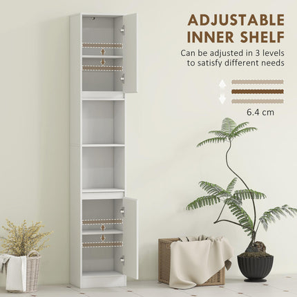 Narrow Bathroom Cabinet, Slim Bathroom Storage Unit with Open Compartment, Freestanding Storage Cupboard with Adjustable Shelves for Small Spaces, 30 x 24 x 170 cm, White