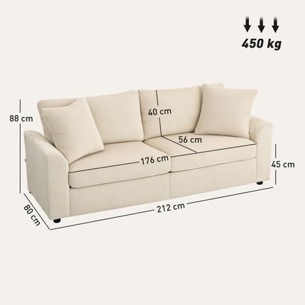 Modern 3 Seater Sofa with Spring Cushion, 212 cm Fabric Jumbo Cord Sofa Couch with 2 Scatter Cushions, Upholstered Corduroy Settee for Living Room, Bedroom, Home Office, Cream White