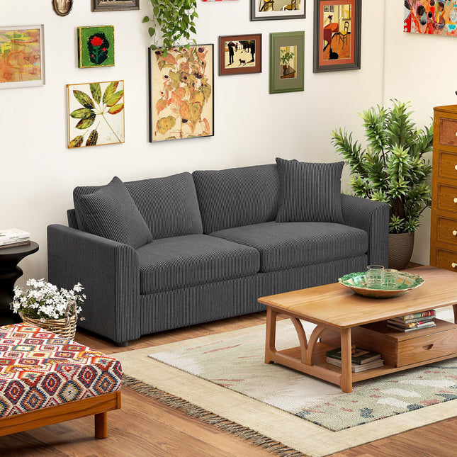 Modern 3 Seater Sofa with Spring Cushion, 212 cm Fabric Jumbo Cord Sofa Couch with 2 Scatter Cushions, Upholstered Corduroy Settee for Living Room, Bedroom, Home Office, Grey