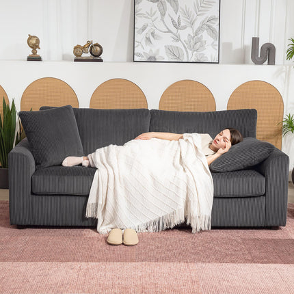 Modern 3 Seater Sofa with Spring Cushion, 212 cm Fabric Jumbo Cord Sofa Couch with 2 Scatter Cushions, Upholstered Corduroy Settee for Living Room, Bedroom, Home Office, Grey