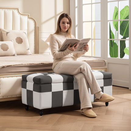 Storage Ottoman, Storage Bench with Wood Legs, Footstool, Footrest with Velvet Surface for Bedroom, Hallway, Living Room, 114 x 47 x 47 cm, Dark Grey and White
