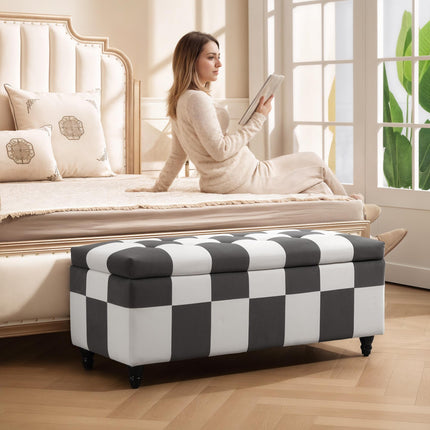 Storage Ottoman, Storage Bench with Wood Legs, Footstool, Footrest with Velvet Surface for Bedroom, Hallway, Living Room, 114 x 47 x 47 cm, Dark Grey and White