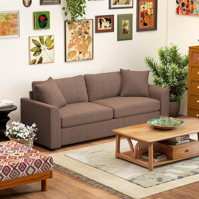 Modern 3 Seater Sofa with Spring Cushion, 212 cm Fabric Jumbo Cord Sofa Couch with 2 Scatter Cushions, Upholstered Corduroy Settee for Living Room, Bedroom, Home Office, Coffee