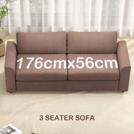Modern 3 Seater Sofa with Spring Cushion, 212 cm Fabric Jumbo Cord Sofa Couch with 2 Scatter Cushions, Upholstered Corduroy Settee for Living Room, Bedroom, Home Office, Coffee