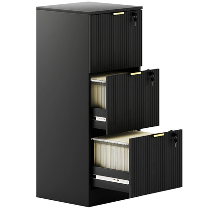 Filing Cabinet, Fluted Vertical File Cabinet with 3 Lockable Drawers and Hanging