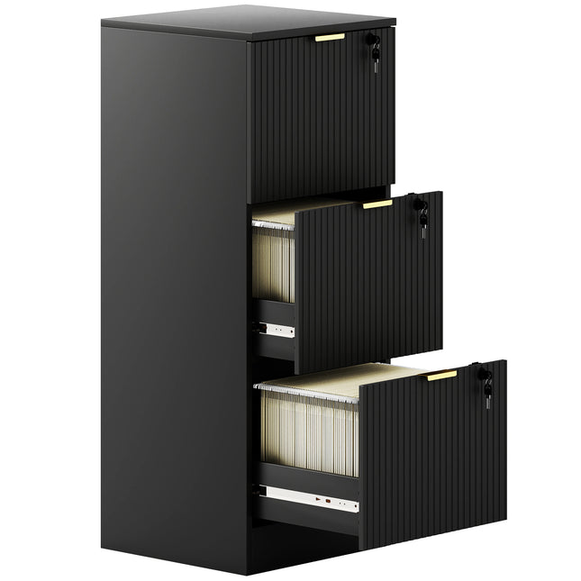 Filing Cabinet, Fluted Vertical File Cabinet with 3 Lockable Drawers and Hanging