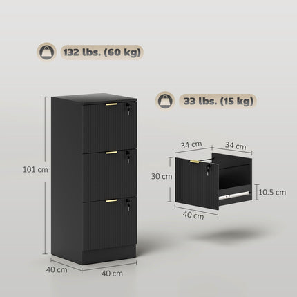 Filing Cabinet, Fluted Vertical File Cabinet with 3 Lockable Drawers and Hanging